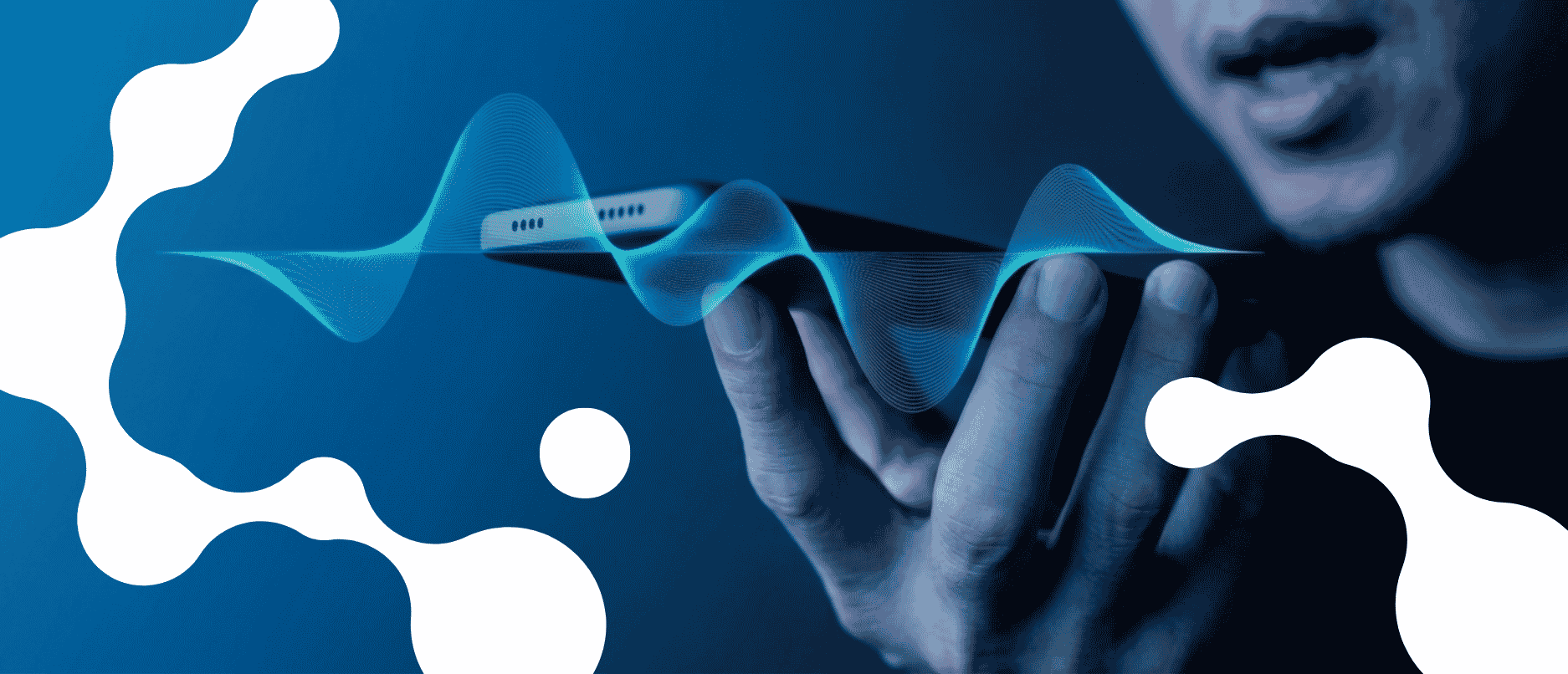 Person using an AI voice assistant on a smartphone with digital sound waves representing voice AI technology, VoIP communications and real-time speech processing.